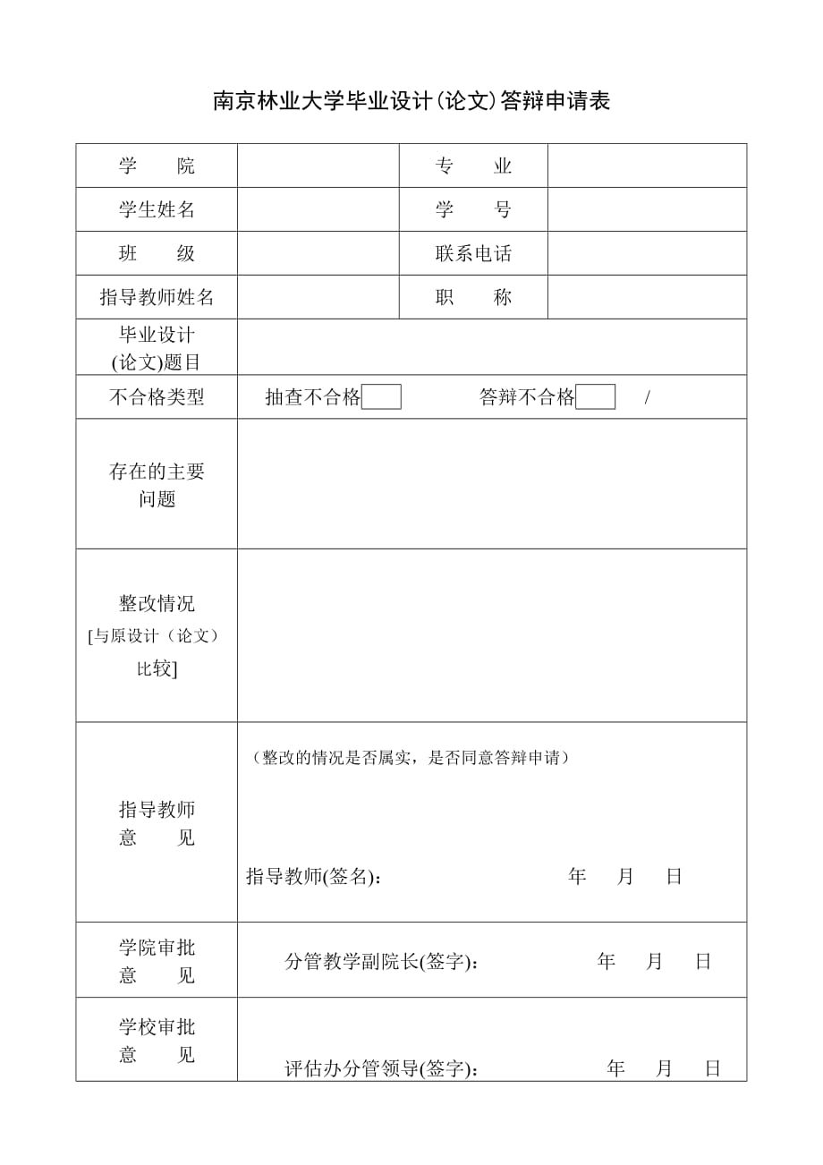 南京林业大学毕业设计(论文)答辩申请表_第1页