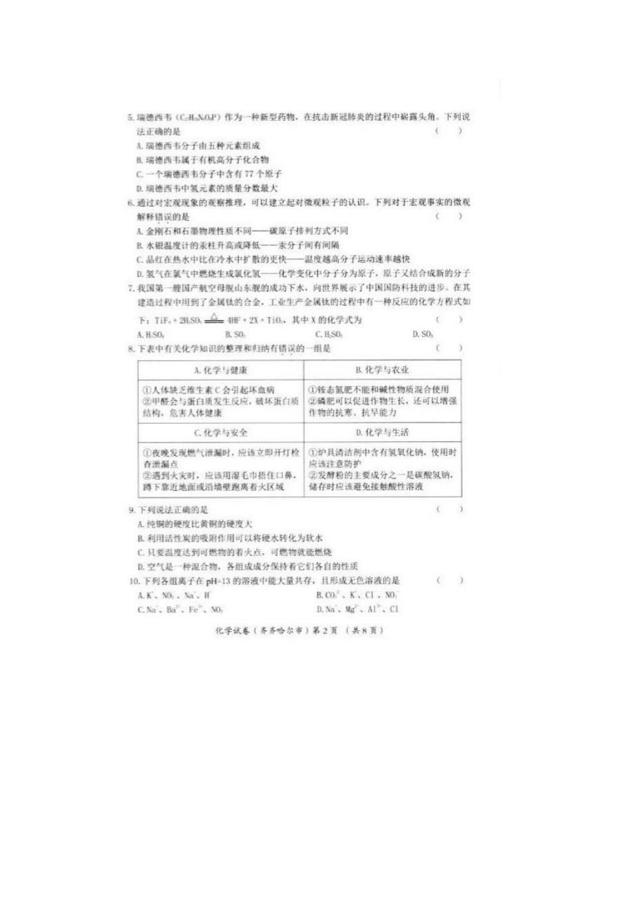 2021年黑龙江齐齐哈尔中考化学真题解析版_第2页