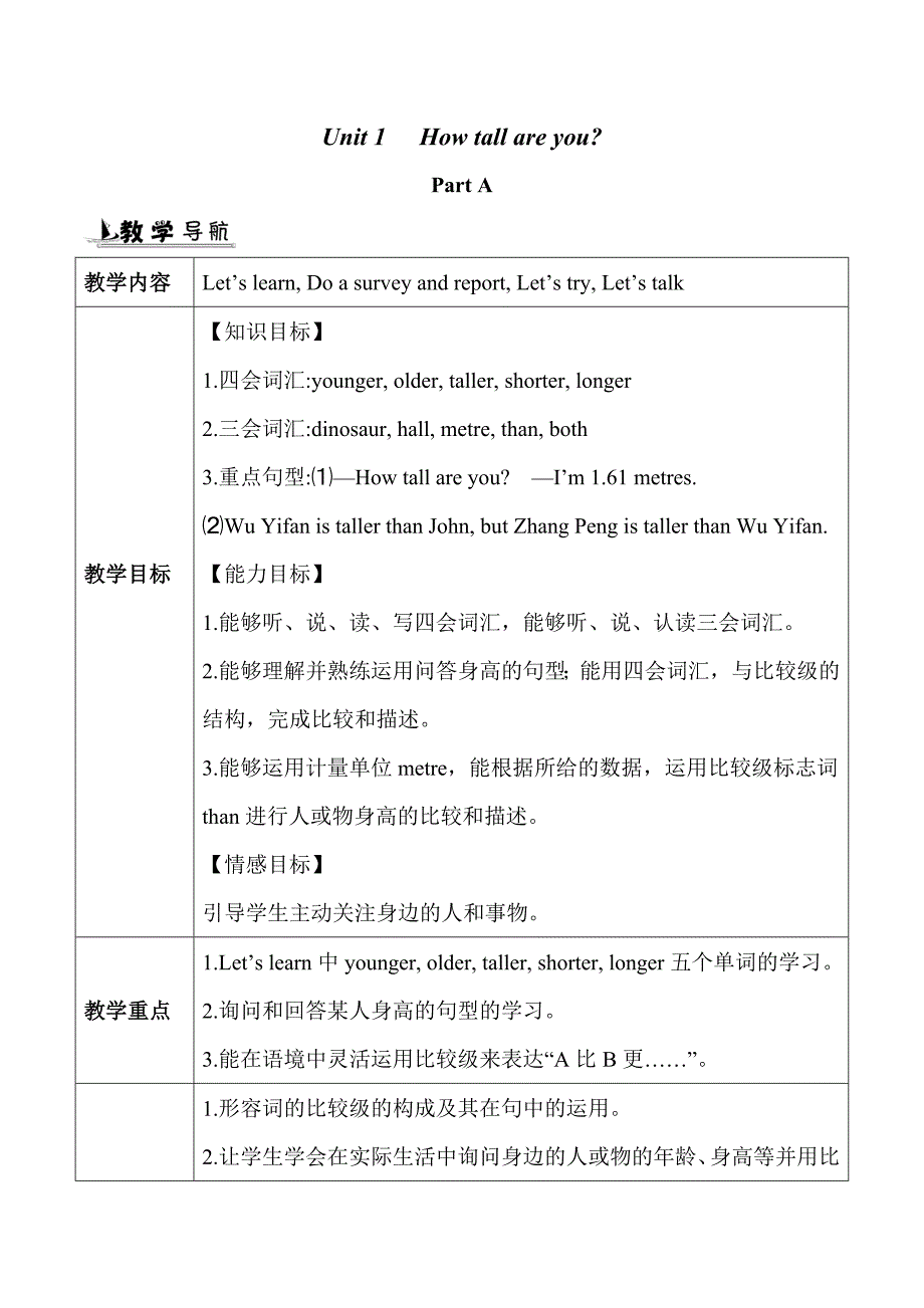 六年级下册英语人教PEP版Unit 1-How tall are you教学设计_第1页