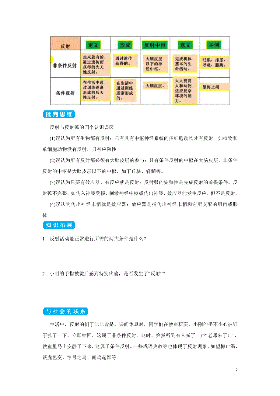 （新教材）2020-2021学年下学期高二暑假热身课堂4神经调节的基本方式学生版_第2页