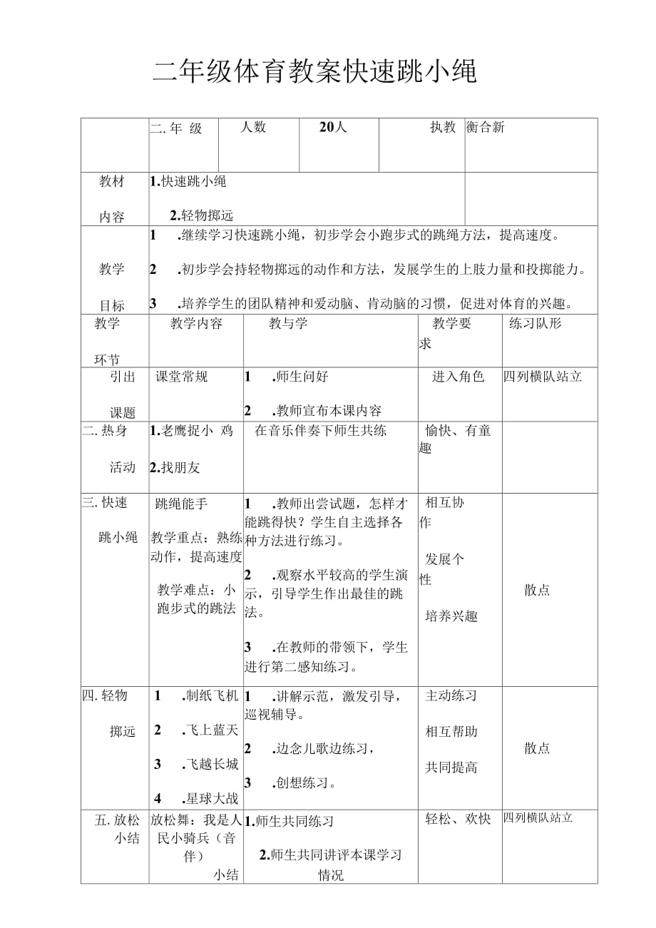 二年级体育教案快速跳小绳_第1页