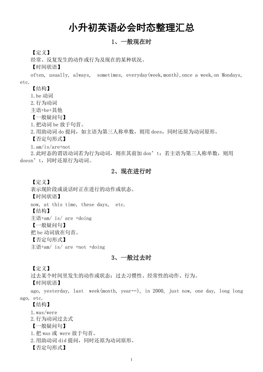 小升初英语必会《时态》整理汇总（共八大类）（直接打印每生一份熟记）_第1页