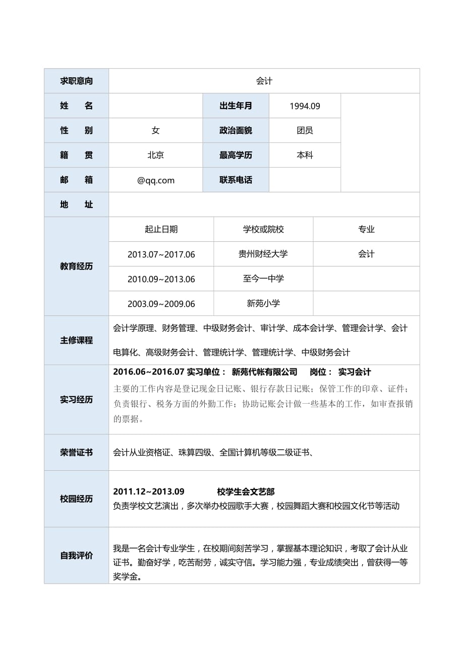 最新出纳、记账会计、财务管理类应届毕业生求职简历模板05_第2页