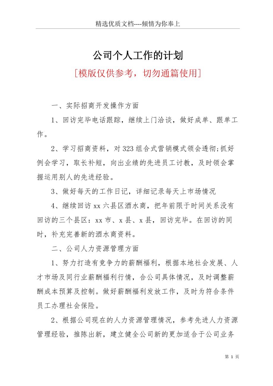 公司个人工作的计划(共3页)_第1页