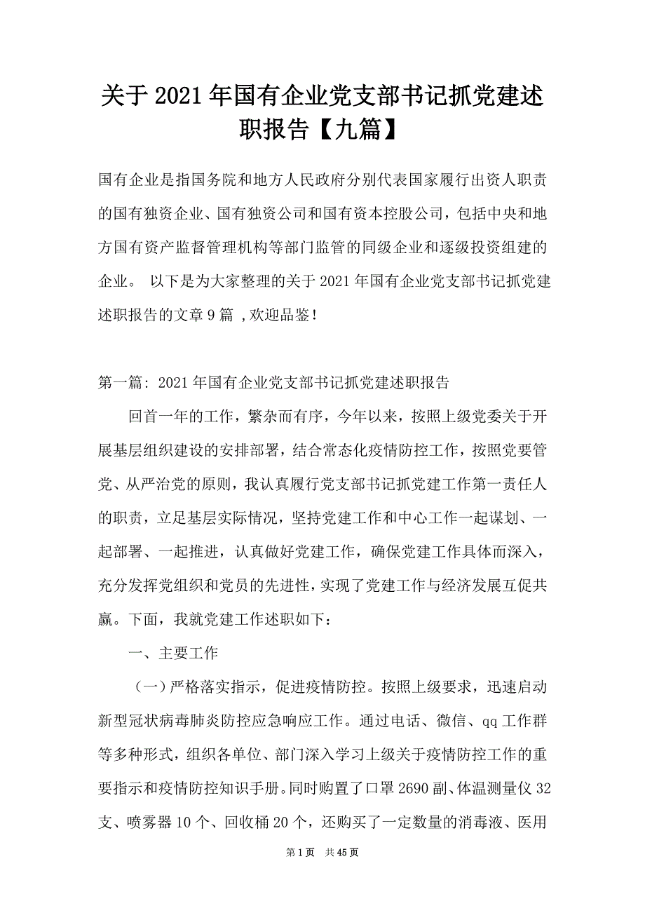 关于2021年国有企业党支部书记抓党建述职报告【九篇】_第1页