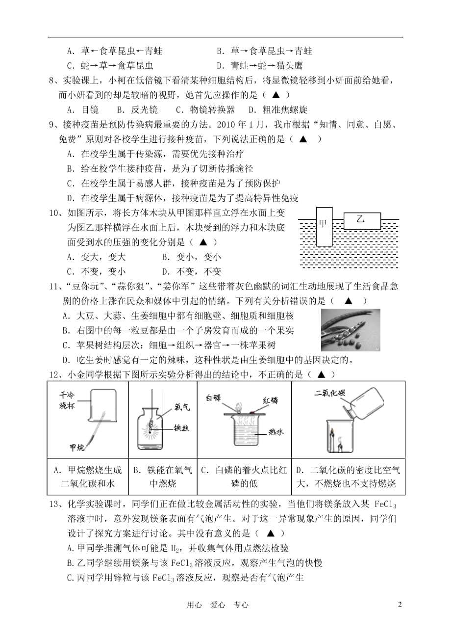 2012年初中科学毕业生学业考试适应性测试试题卷（无答案）浙教版_第2页