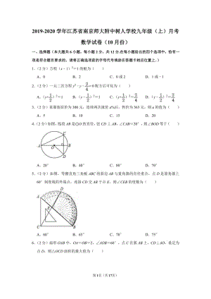 初三2019-2020学年江苏省南京师大附中树人学校九年级（上）月考数学【试卷+答案】（10月份）