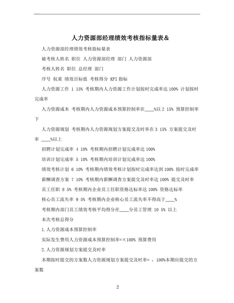 人力资源部经理绩效考核指标量表&_第1页