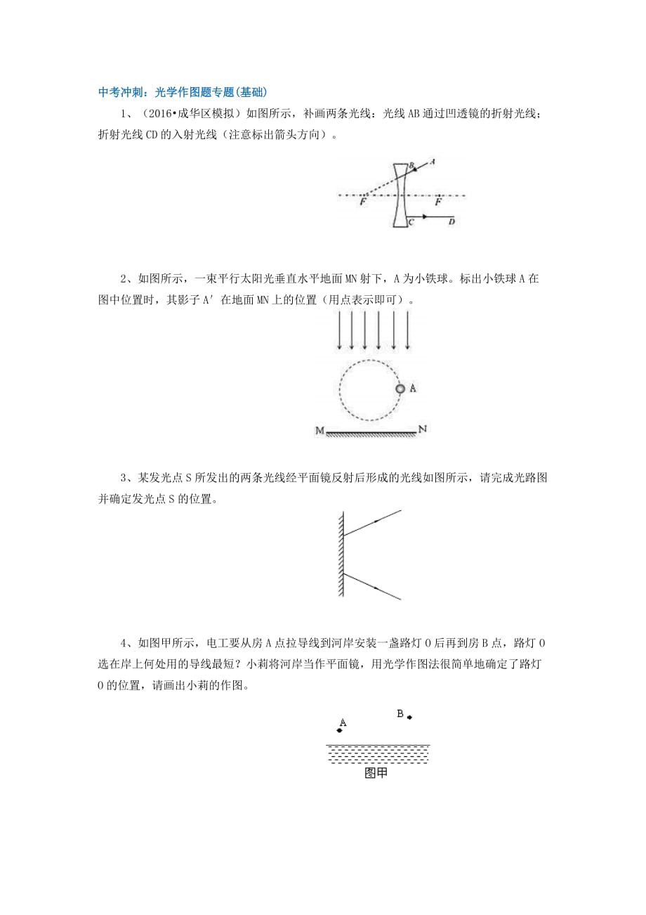 2021年人教版初中物理中考冲刺《光学作图题专题》(基础) (含答案)_第1页