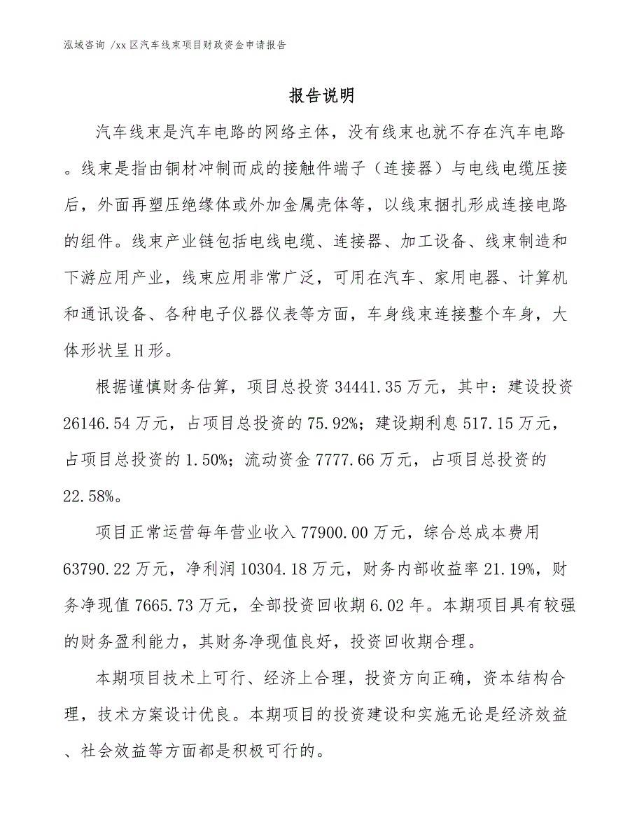 xx区汽车线束项目财政资金申请报告（参考范文）_第1页