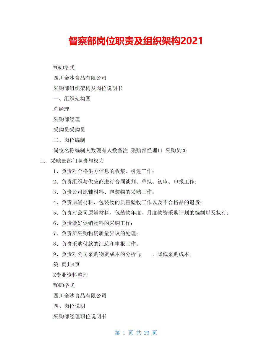 督察部岗位职责及组织架构2021_第1页