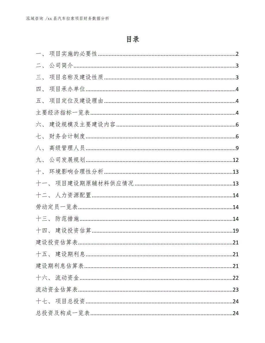 xx县汽车拉索项目财务数据分析（范文模板）_第1页