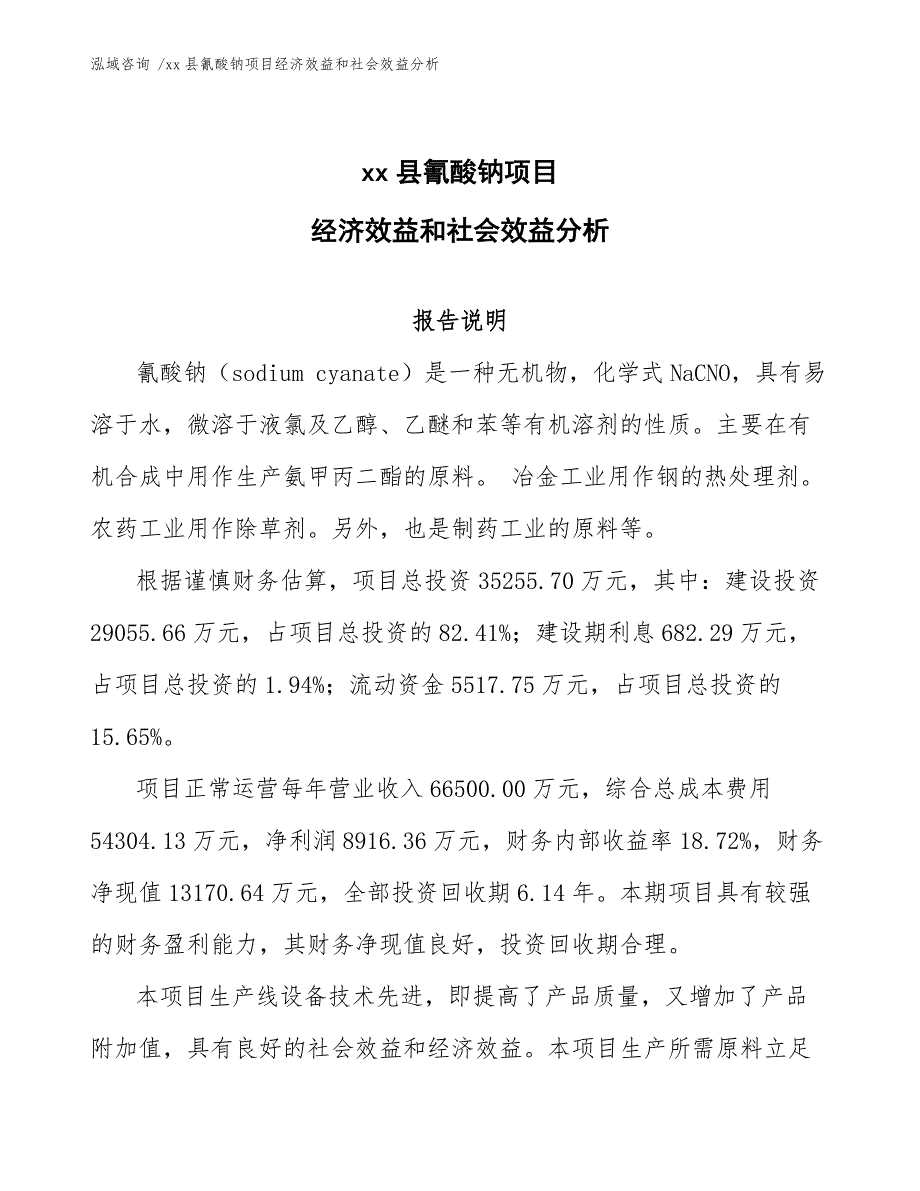 xx县氰酸钠项目经济效益和社会效益分析（模板）_第1页