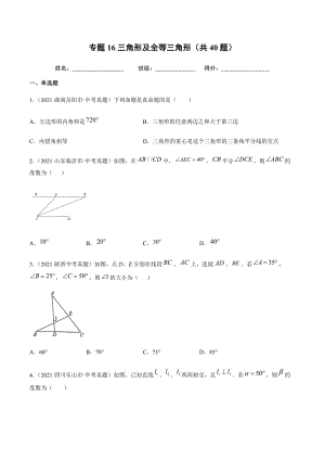 2021年全国中考数学真题专项训练16三角形及全等三角形（共40题）-（原卷+解析）