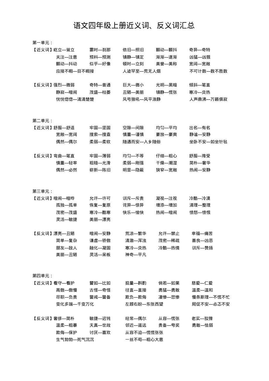 四年级上册近义词、反义词汇总-2页_第1页