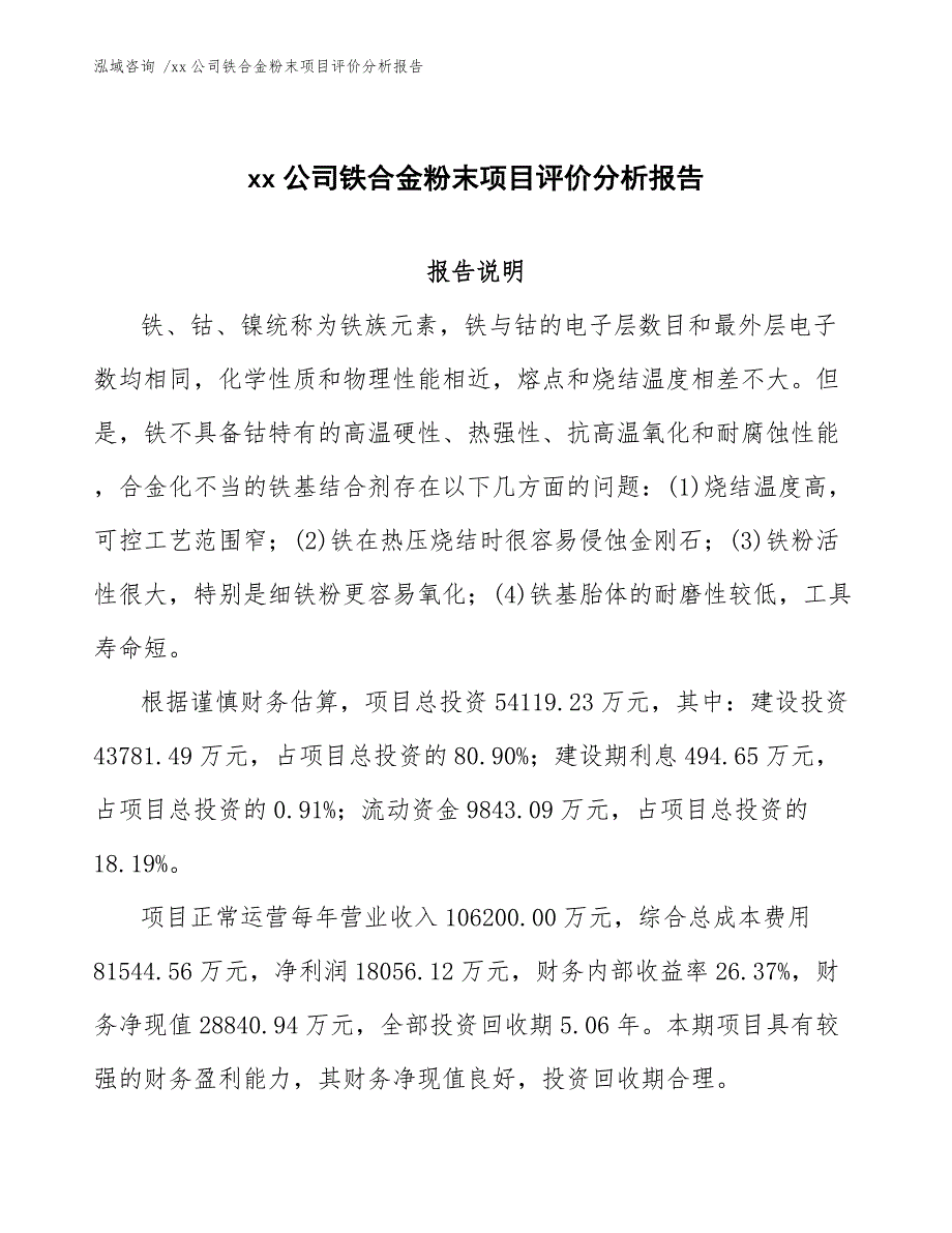 xx公司铁合金粉末项目评价分析报告（范文）_第1页