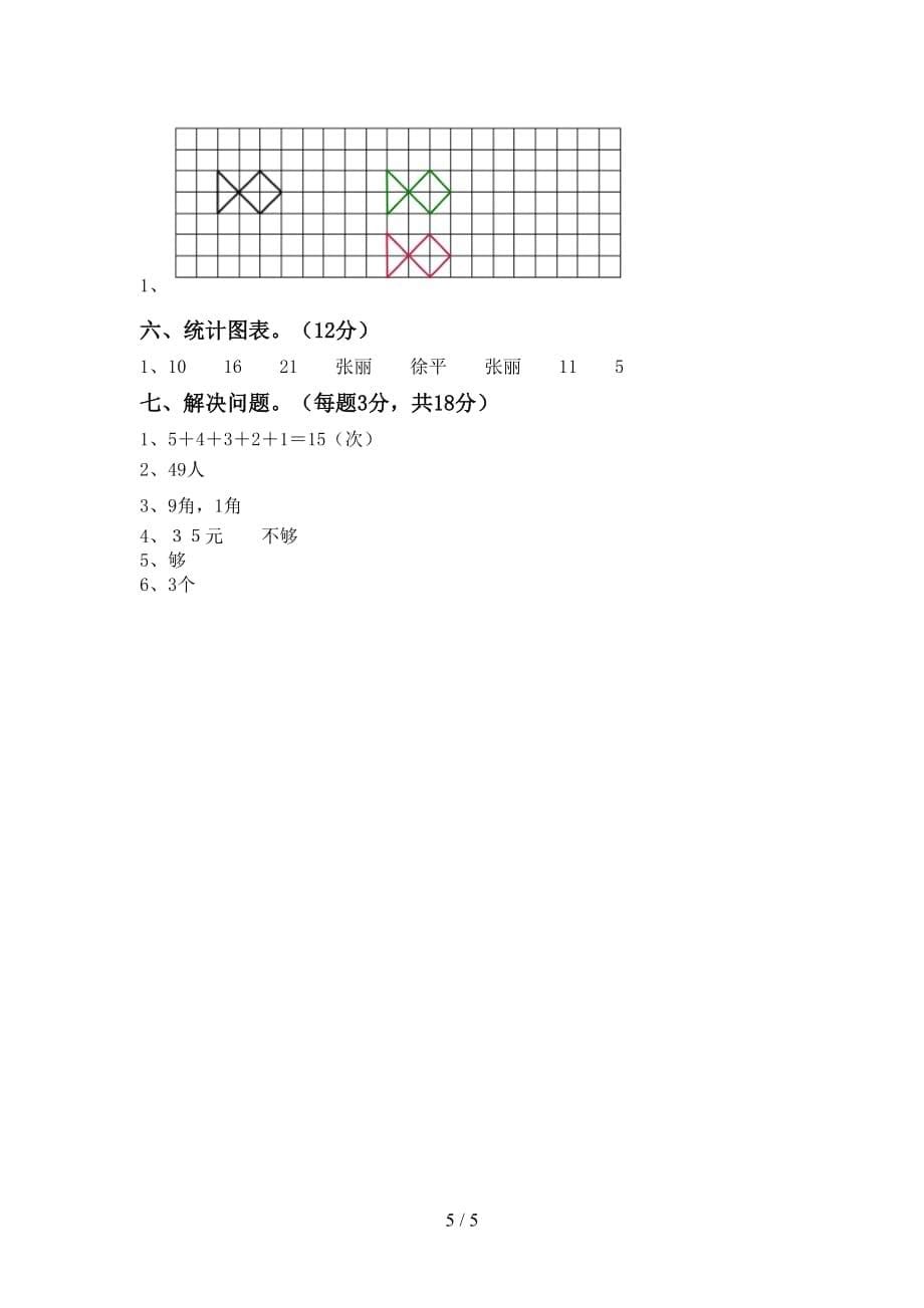 2021年小学二年级数学(上册)月考练习题及答案_第5页