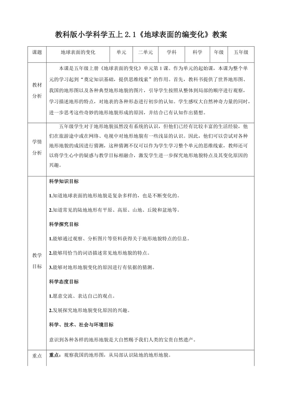 教科版五年级科学上册 2.1《地球的表面》 教学设计_第1页