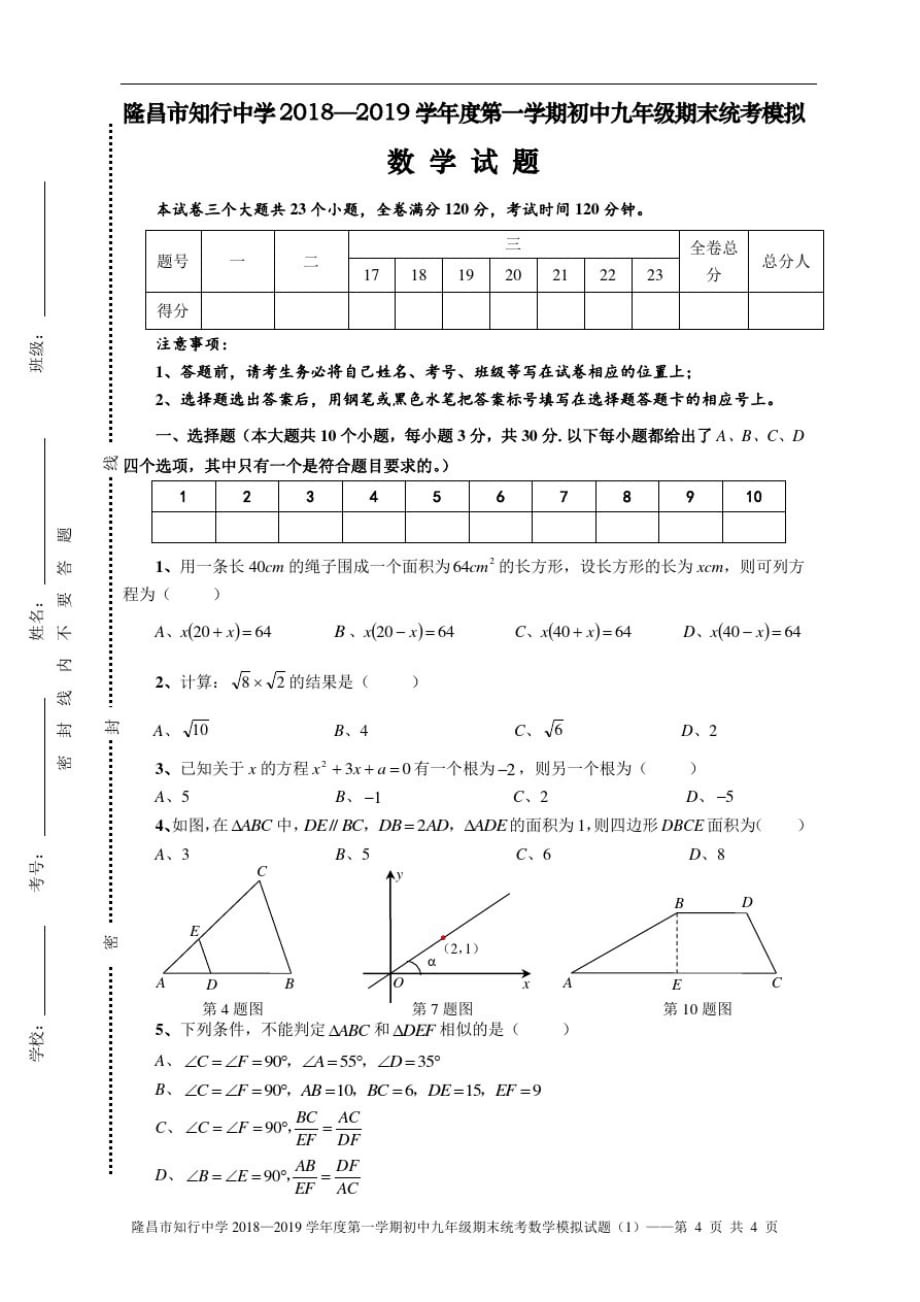 隆昌市知行中学2018—2019学年度第一学期初中九年级期末统考模拟数学试题(模拟试题1)_第1页