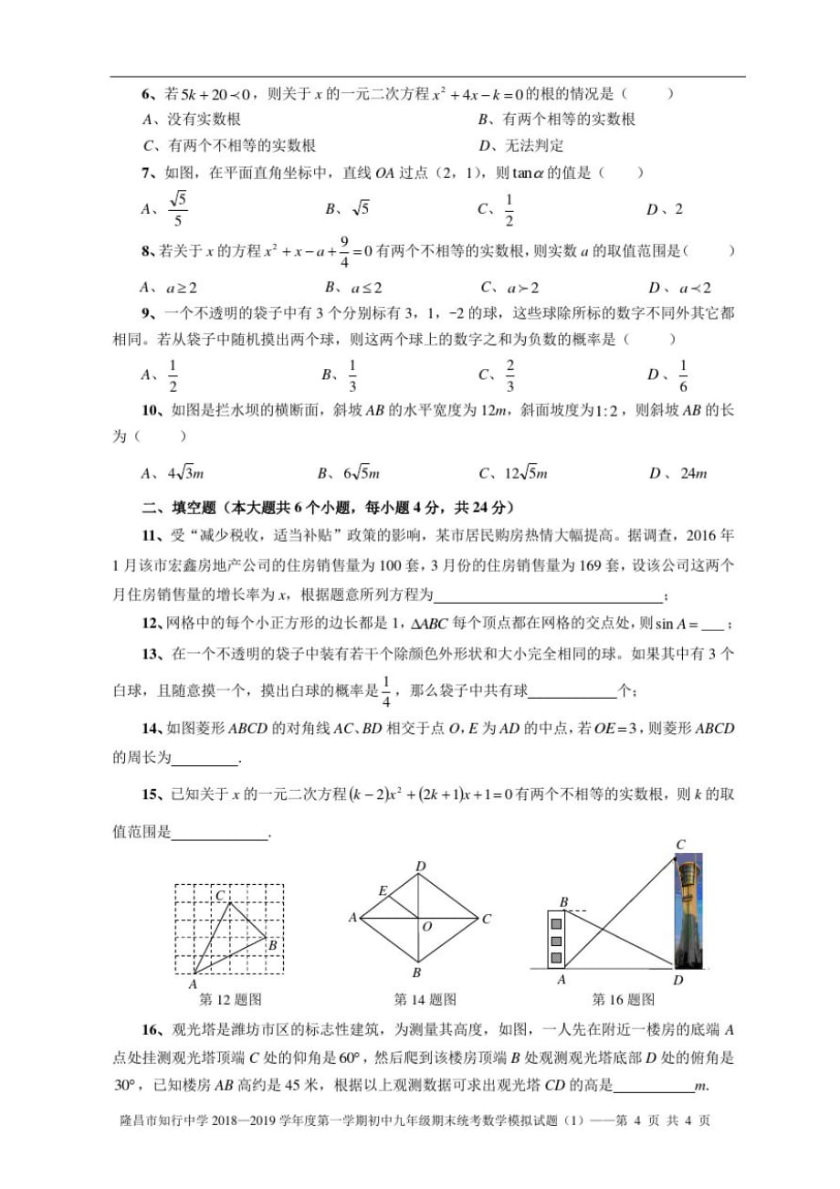 隆昌市知行中学2018—2019学年度第一学期初中九年级期末统考模拟数学试题(模拟试题1)_第2页