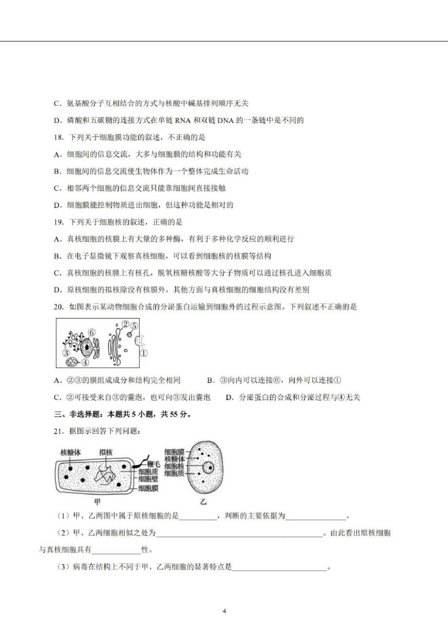 黄山市2020-2021学年第一学期高一期中考试卷(生物)新人教版_第4页