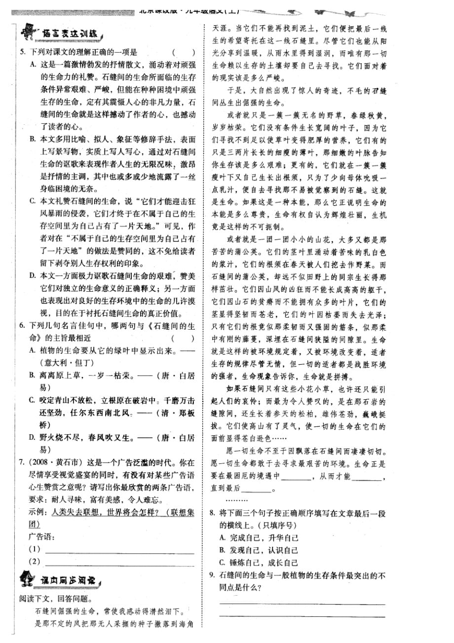 语文：第11课《石缝间的生命》同步练习(北京课改版九年级上)(扫描板)_第2页