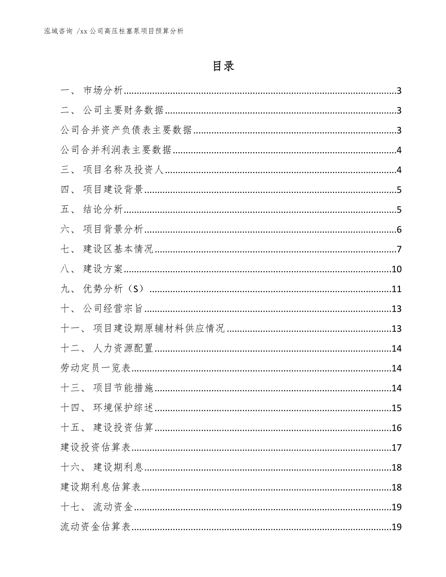 xx公司高压柱塞泵项目预算分析（模板范文）_第1页