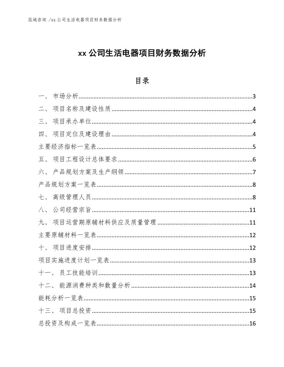 xx公司生活电器项目财务数据分析（模板参考）_第1页