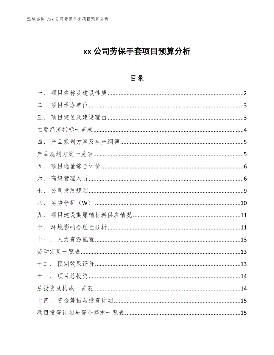 xx公司劳保手套项目预算分析（参考模板）_第1页