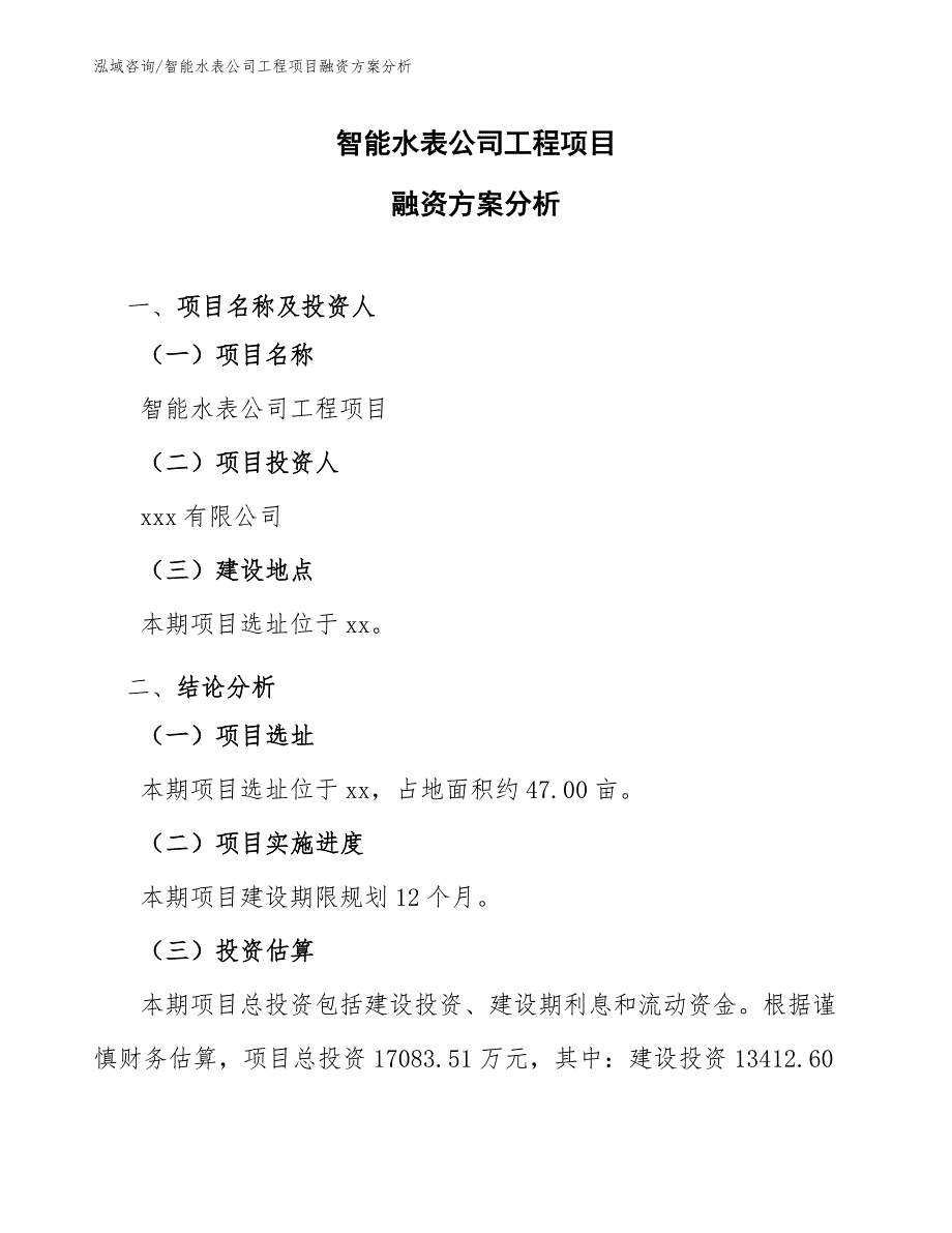 智能水表公司工程项目融资方案分析（工程项目组织与管理）_第1页