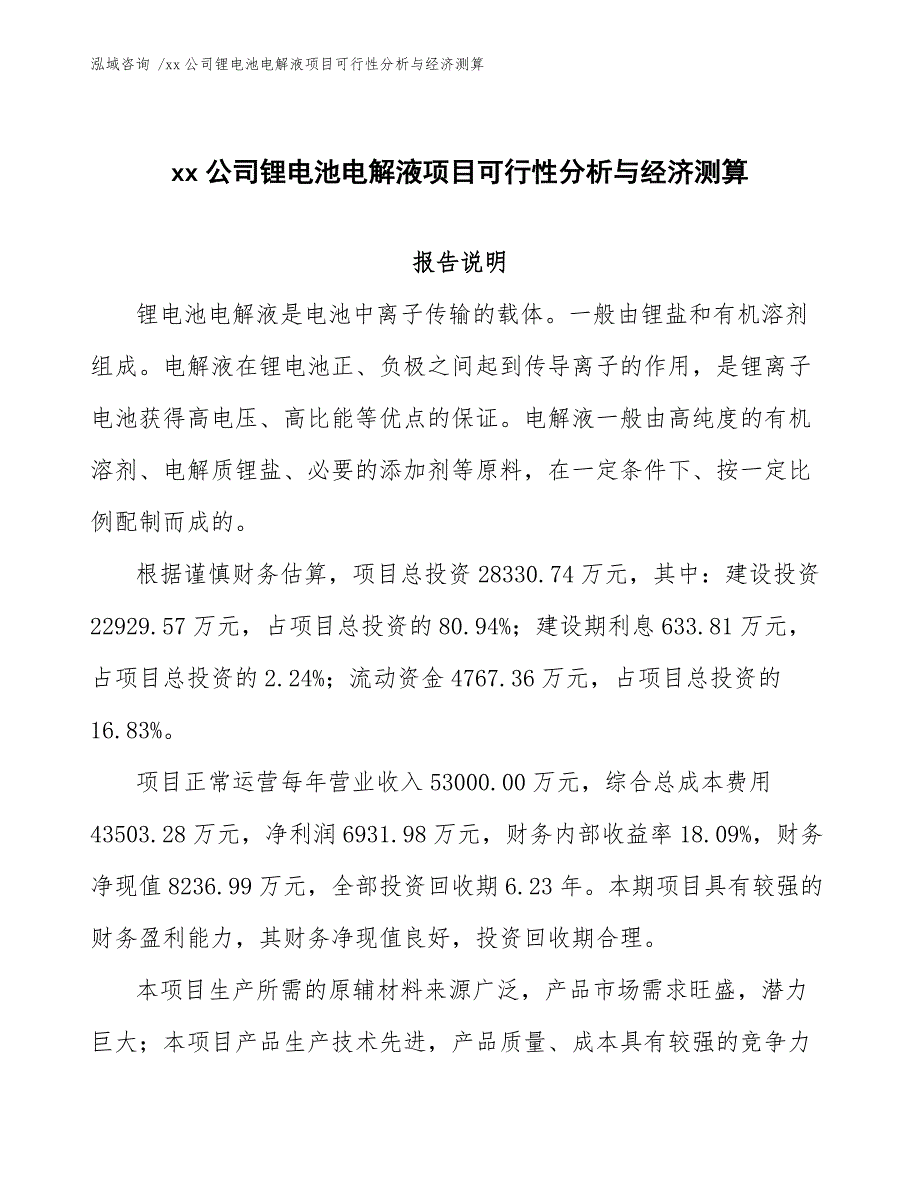 xx公司锂电池电解液项目可行性分析与经济测算（模板范本）_第1页