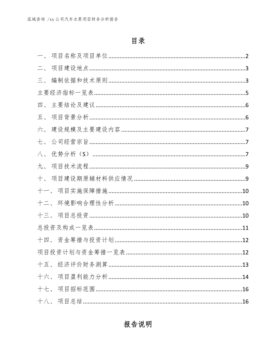 xx公司汽车水泵项目财务分析报告（模板范本）_第1页