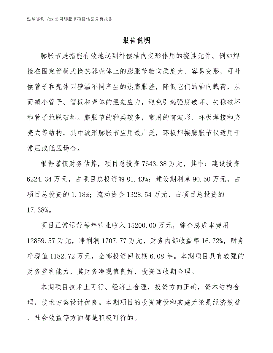 xx公司膨胀节项目运营分析报告（范文参考）_第1页