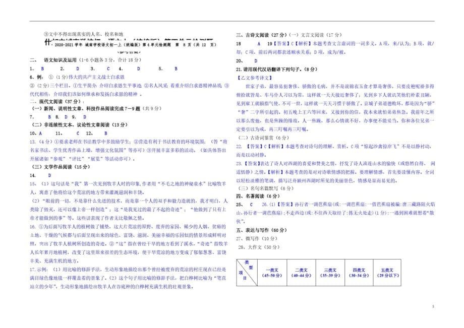 2020-2021年什邡市城南学校(统编版)七年级上第四单元检测题及答案_第5页