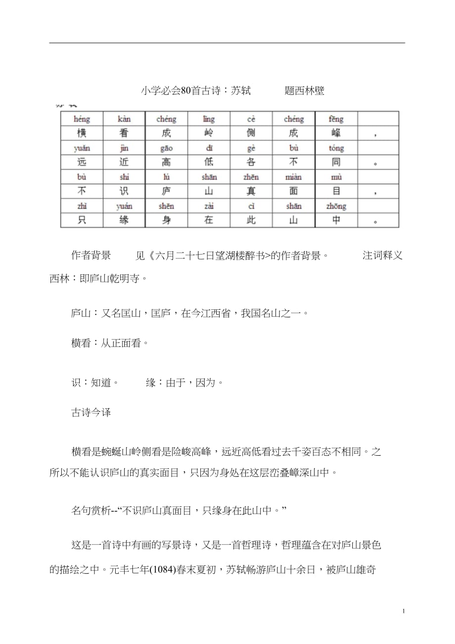 必会80首古诗苏轼题西林壁_第1页