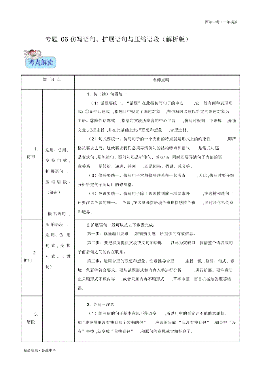 两年中考模拟2020年中考语文06仿写语句、扩展语句与压缩语段(教师版)山东_第1页