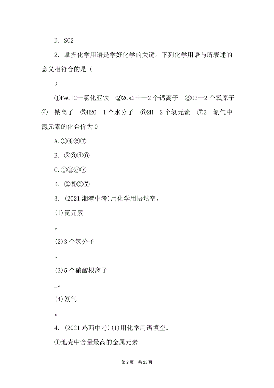 九年级化学中考重点题型训练《化学用语》_第2页