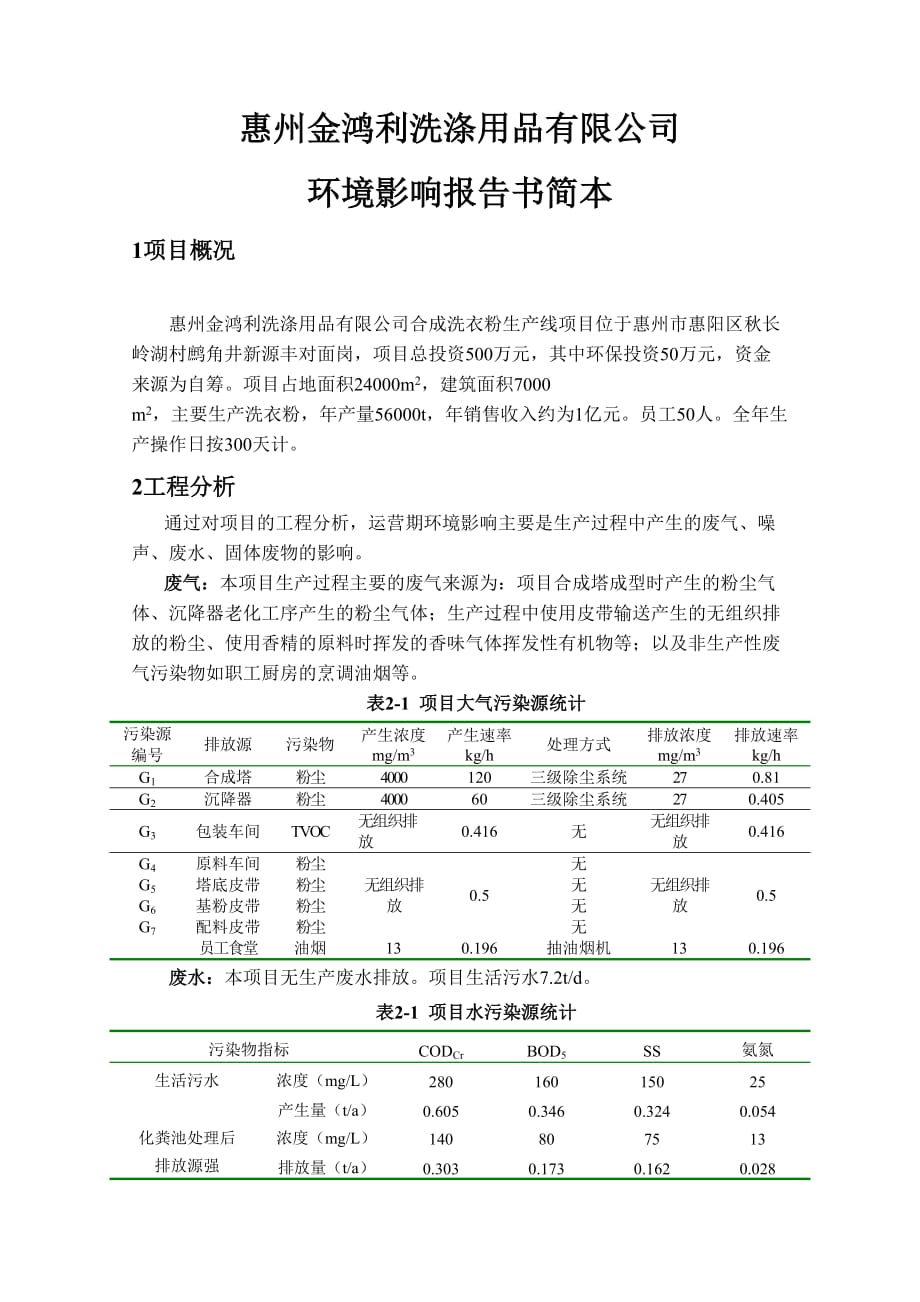 惠州金鸿利洗涤用品有限公司环境影响报告书简本_第1页