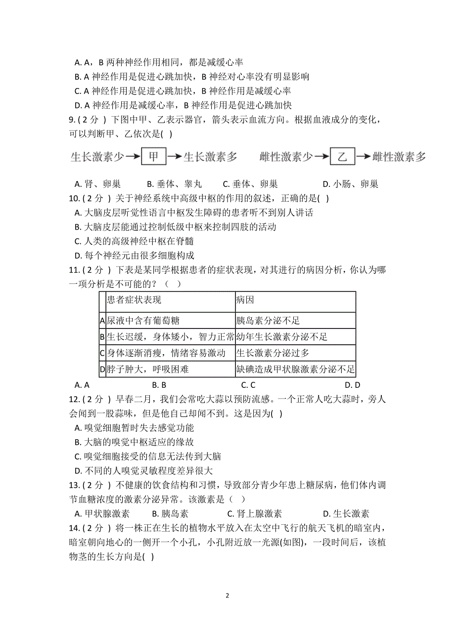 华师大科学 八下 第七单元生命活动的调节质量评估卷_第2页