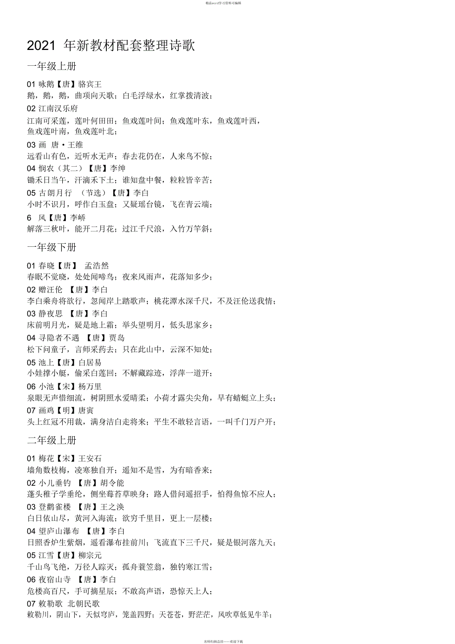 2021年新部编版语文教材诗歌整理_第1页