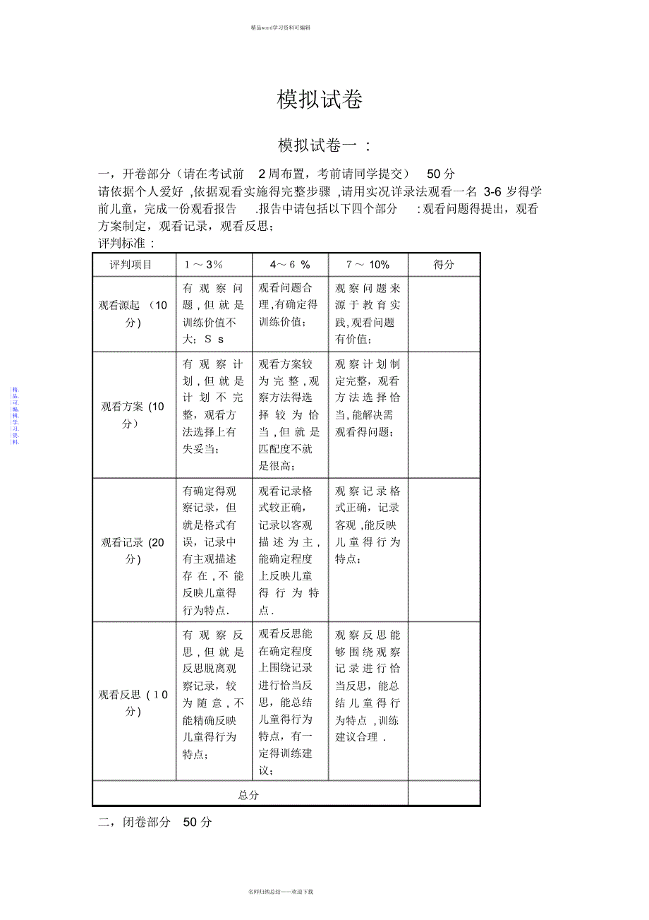 2021年学前儿童行为观察模拟试卷ABCD附答案_第1页