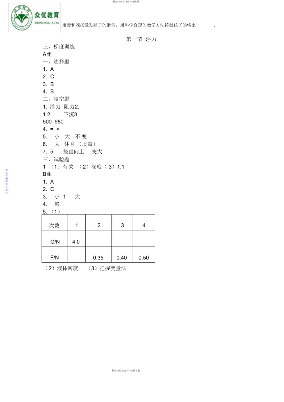 2021年第十章第1节浮力练习题+答案_第4页