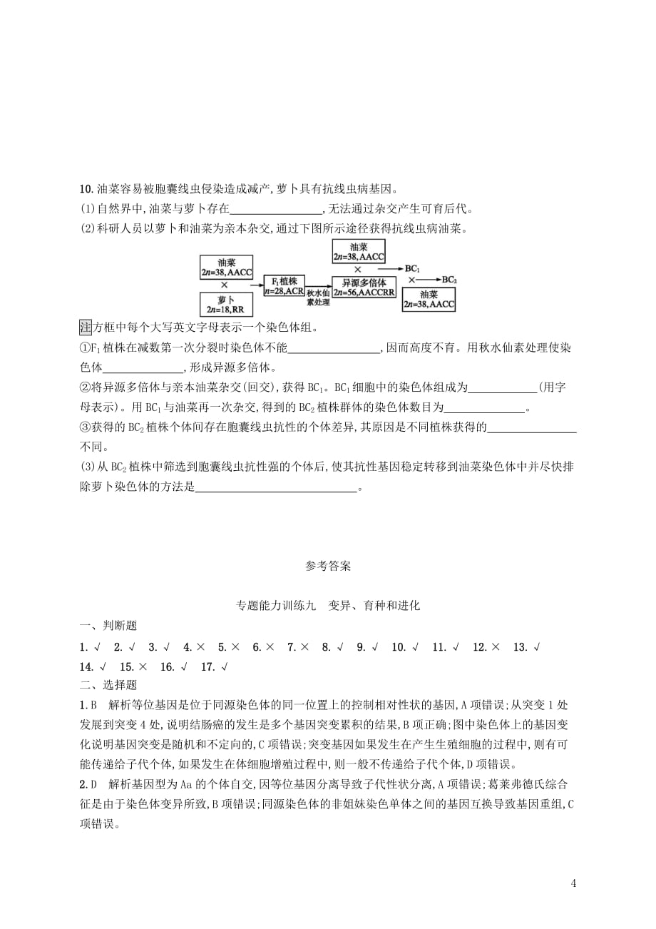 高三生物二轮复习专题能力训练九专题四遗传变异和进化专题训练新人教_第4页