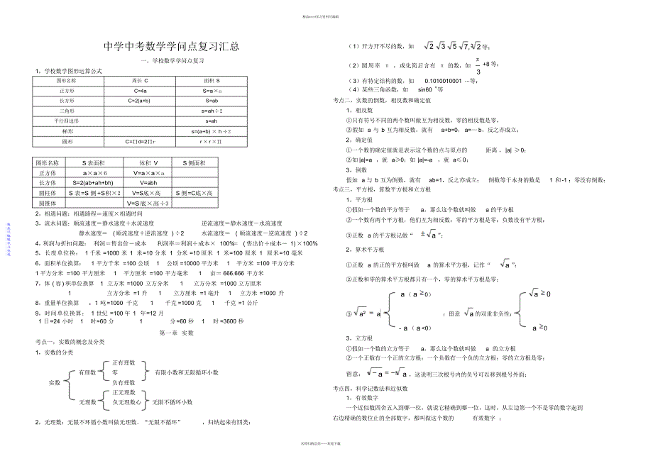 2021年湖南省中学中考数学知识点复习汇总_第1页