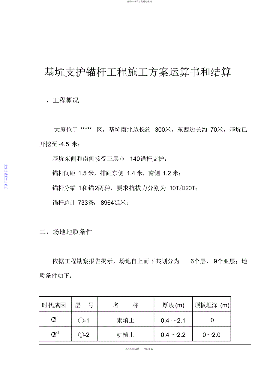 2021年基坑支护锚杆工程施工组织设计方案计算书和结算_第1页