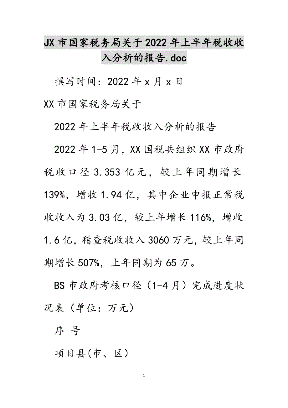 JX市国家税务局关于2022年上半年税收收入分析的报告.doc_第1页