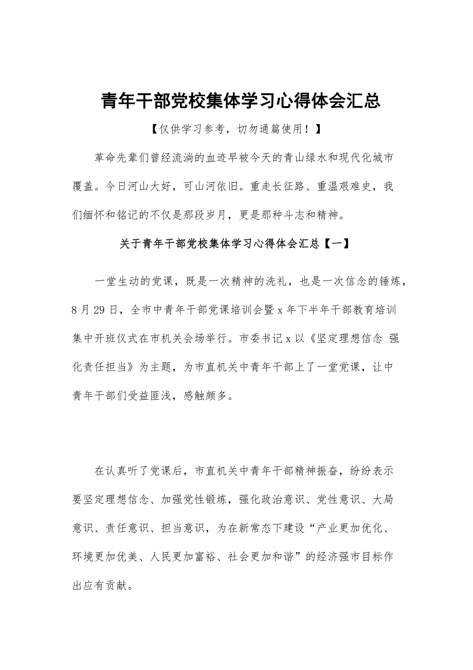 青年干部党校集体学习心得体会汇总_第1页