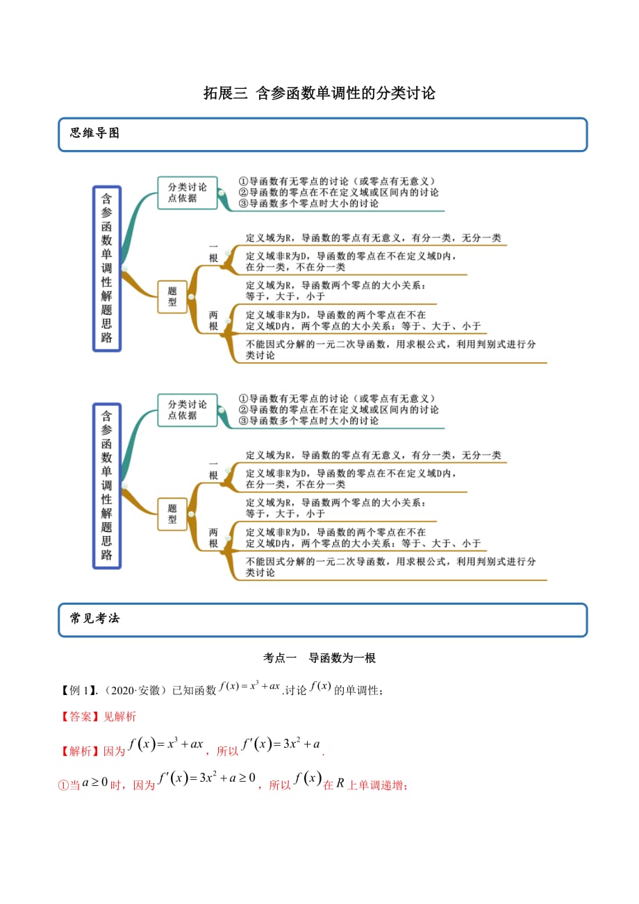 2021年人教版高中数学选择性必修第二册（精讲)拓展三《含参函数单调性的分类讨论》（解析版）_第1页