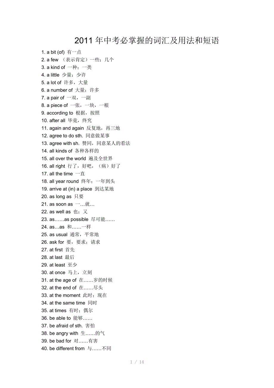 2011年中考英语必掌握的词汇及用法和短语参考word_第1页