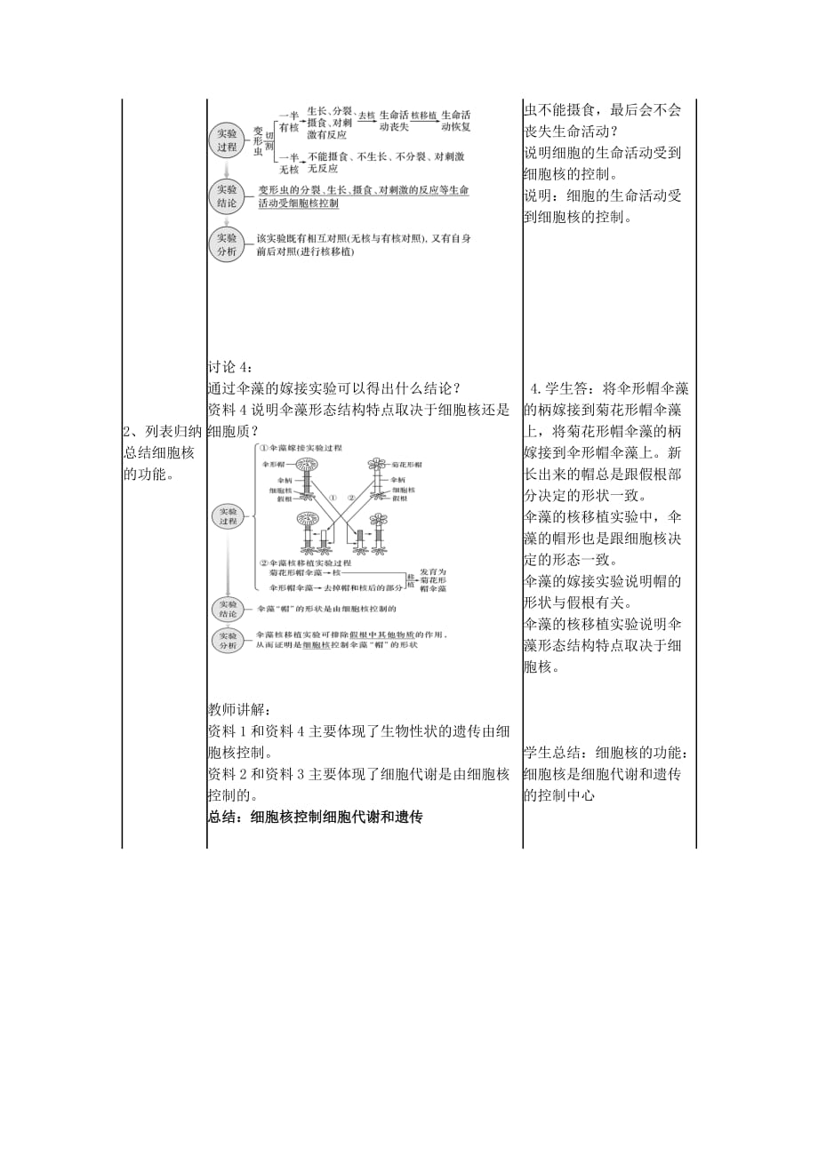 细胞核的结构和功能教案高一生物人教版必修一_第3页